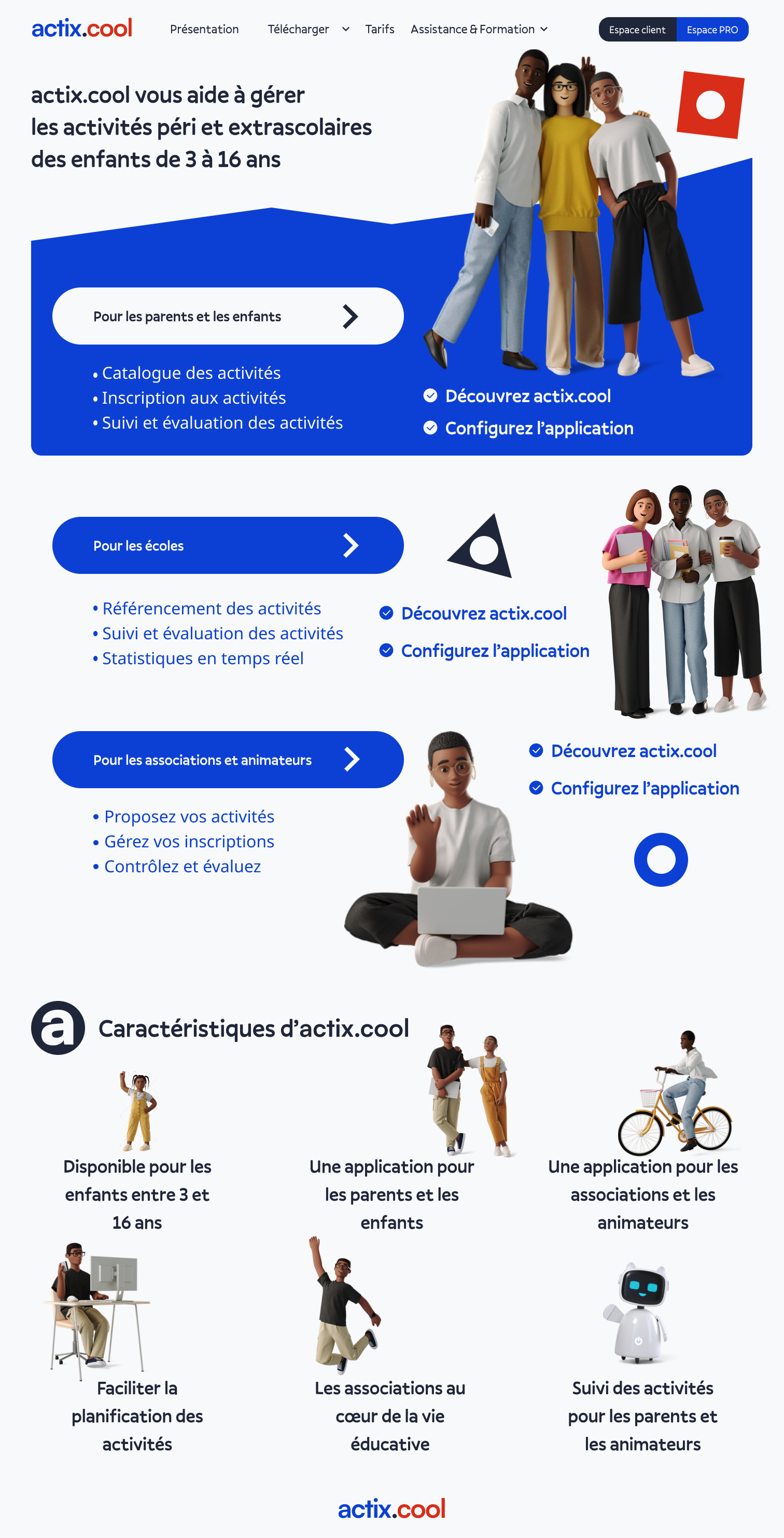 Page d’accueil Actix.cool présentant la gestion d’activités pour les enfants de 3 à 16 ans.