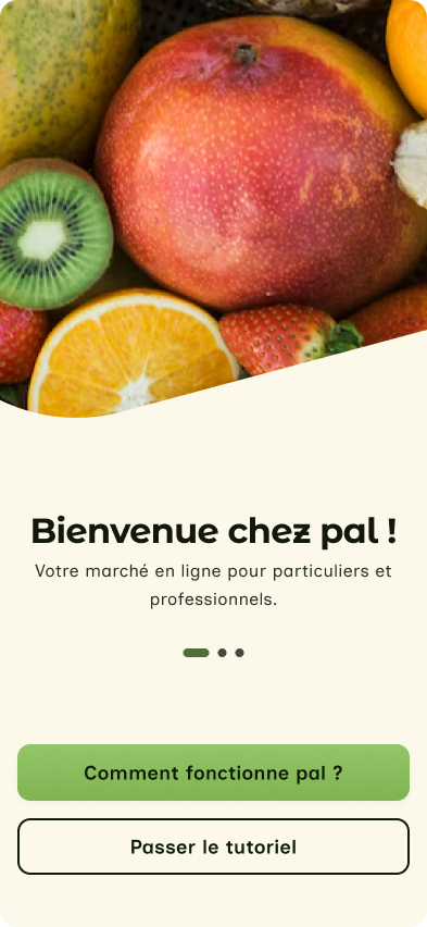 Écran d’accueil de PAL avec l’introduction au marché en ligne et deux actions de démarrage.