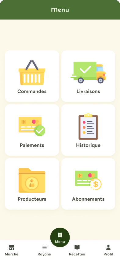 Menu de PAL avec accès aux commandes, livraisons, paiements, historique, producteurs et abonnements.