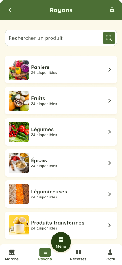 Écran Rayons de PAL avec recherche et catégories de produits.